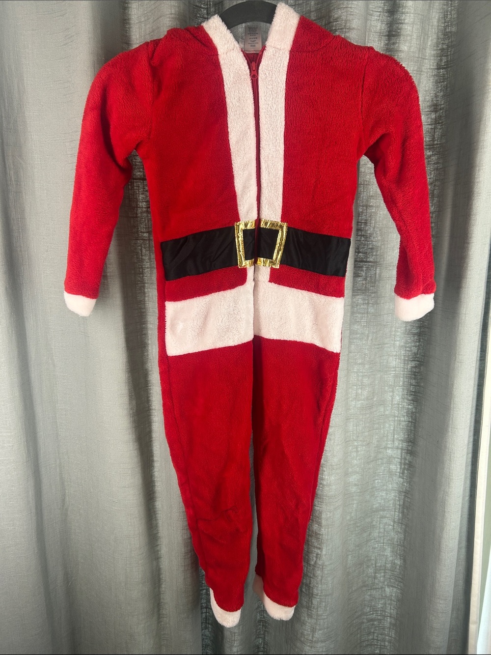 Kids Red Santa-Style One-Piece Footie with Hood and Belt Accent